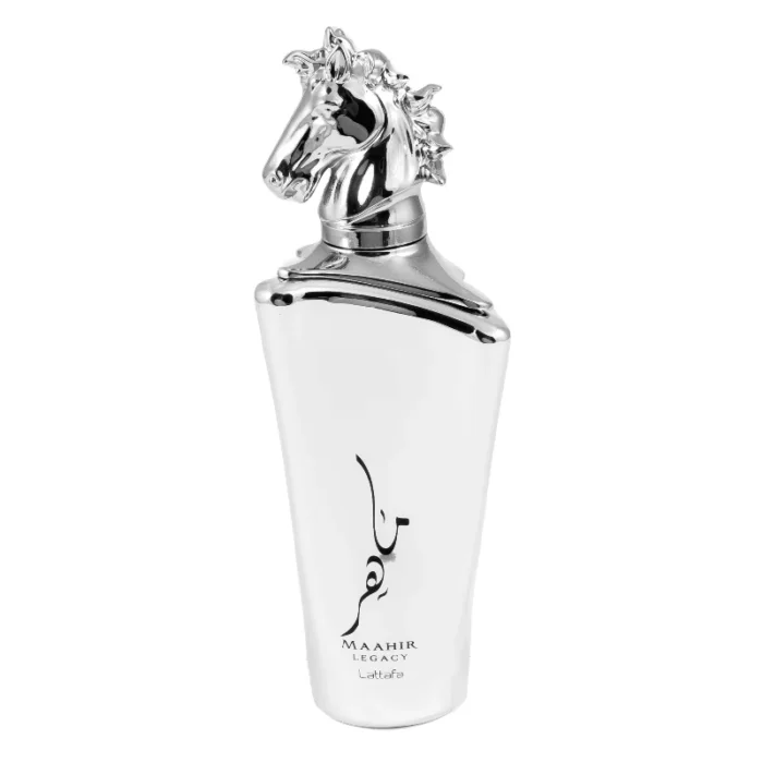 Lattafa Maahir Legasy Unisex 100 ml ətir şüşəsi – şəffaf flakon, qara və gümüşü qablaşdırma ilə