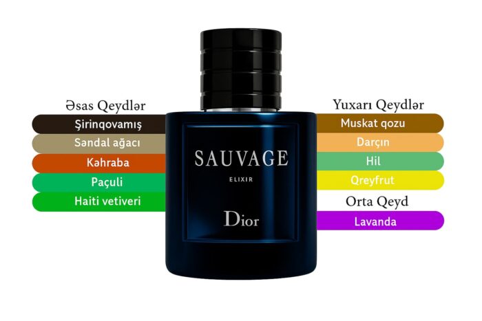 Dior Sauvage Elixir ətirinin tərkibi və qoxu notlarını göstərən infoqrafika