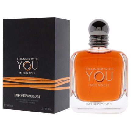 Emporio Armani Stronger With You Intensely 100 ml kişi ətiri flakonu, qəhvəyi şüşə və metal qapaqlı dizaynla