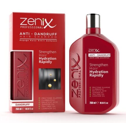 Zenix 250 ml kəpəyə qarşı şampun, saç diblərini təmizləyən və kəpəyi azaldan məhsulun ön görünüşü, ağ fonda.