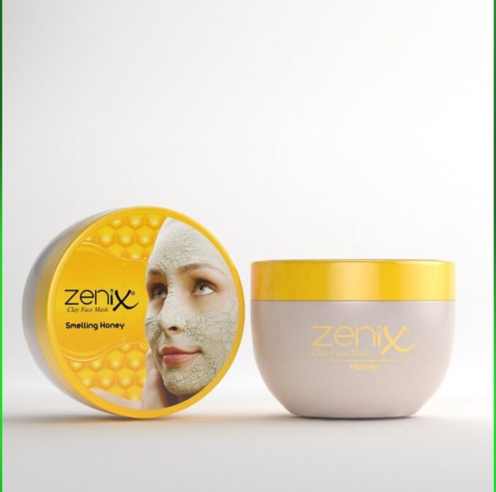 Zenix bal qoxulu gil maskası – 350 ml bal ekstraktlı gil maska, dərini təmizləyən və yumşaldan üz baxım məhsulu, məhsulun ön görünüşü ağ fonda.
