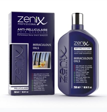 Zenix Anti Pelliculaire şampun 250ml – kəpək əleyhinə saç şampunu, ağ fonda 250 ml flakonda təqdim olunan məhsulun ön görüntüsü.