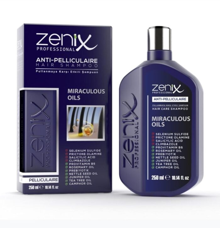 Zenix Anti Pelliculaire şampun 250ml – kəpək əleyhinə saç şampunu, ağ fonda 250 ml flakonda təqdim olunan məhsulun ön görüntüsü.