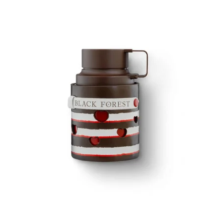 Ağ fonda tünd qəhvəyi korpusu, zolaqlı naxışları və "Black Forest" yazılı kəməri olan Armaf Odyssey Black Forest Desert Edition ətir şüşəsi.