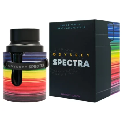 Armaf Odyssey Spectra Rainbow Edition Eau de Parfum ətrinin rəngarəng xətlər olan qara flakonu və mat qara qutusu