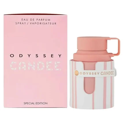 Çəhrayı qutusunun yanında unikal termos dizaynlı flakonu ilə Armaf Odyssey Candee Special Edition ətri
